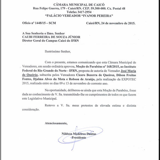 #10331 O IFRN Campus Caicó recebeu uma Moção de Parabéns pela EXPOTEC 2015