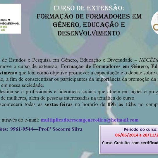 #16622 Curso “Formação de Formadores em Gênero, Educação e Desenvolvimento” tem inscrições prorrogadas