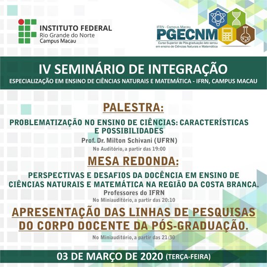 #34092 IV Seminário de Integração do curso de Pós-Graduação em Ensino de Ciências Naturais e Matemática lato sensu do IFRN Campus Macau