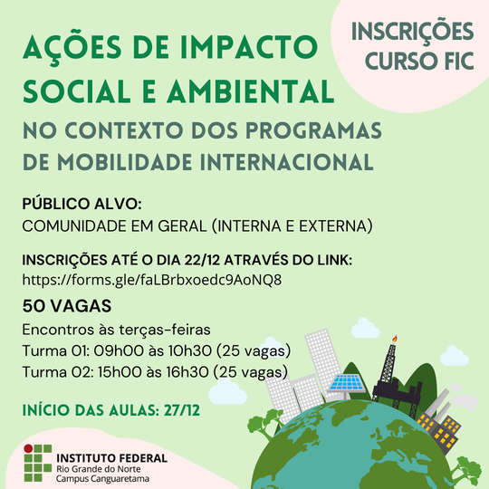 #36215 Abertas inscrições para o curso de FIC "ações de impacto social e ambiental no contexto dos programas de mobilidade internacional"