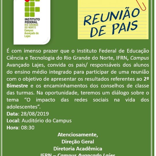 #36763 Reunião de Pais acontece no dia 28 de agosto às 08h30