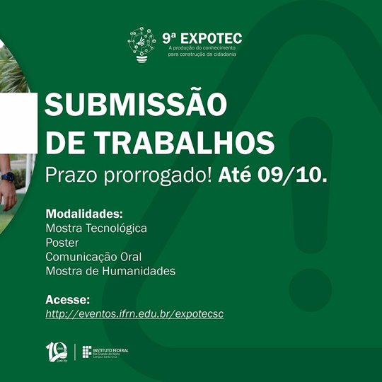 #37393 Prazo de submissão de trabalhos para a 9ª EXPOTEC é prorrogado