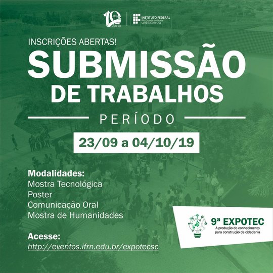 #37956 ABERTO PRAZO PARA SUBMISSÃO DE TRABALHOS PARA A 9ª EXPOTEC 