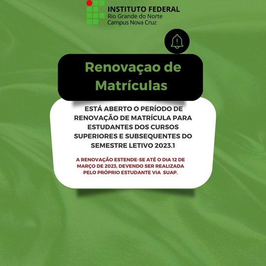 #39640  Renovação de matrículas para alunos dos cursos de graduação e técnicos de nível médio, nas modalidades subsequente e integrado é aberto.