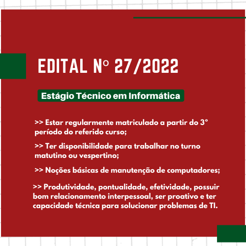 #48757 Campus Mossoró abre vaga para estágio em Técnico em Informática
