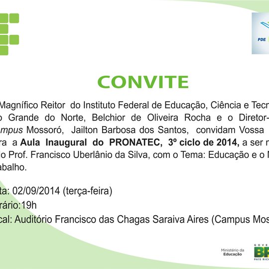 #50671 Aula Inaugural do PRONATEC, 3º ciclo, 2014 será realizada no dia 2 de Setembro 