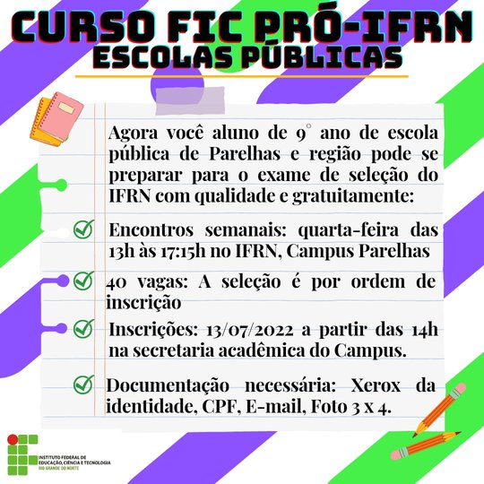 #7213 Divulgado resultado da seleção para participantes do Curso de Formação Inicial e Continuada PRÓ – IFRN Parelhas Escolas Públicas.