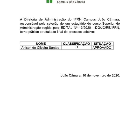 #7689 A Diretoria de Administração do IFRN Campus João Câmara torna público resultado final do processo seletivo de estagiário