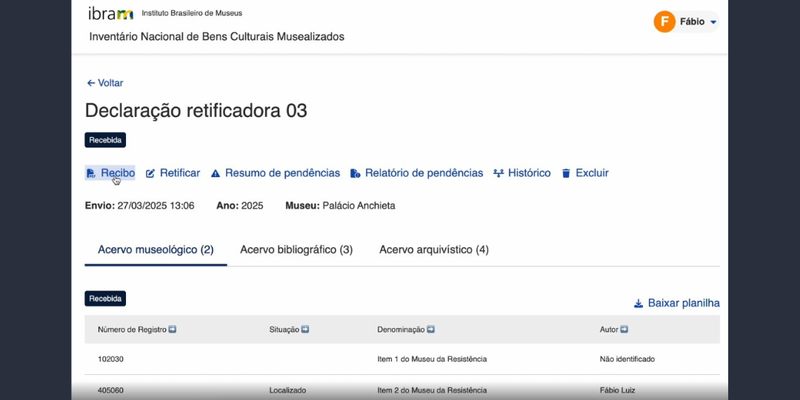Interface do sistema do Inventário Nacional de Bens Curatoriais Musealizados
