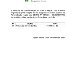 #8193 A Diretoria de Administração do IFRN Campus João Câmara torna público a lista parcial de confirmação de inscrição