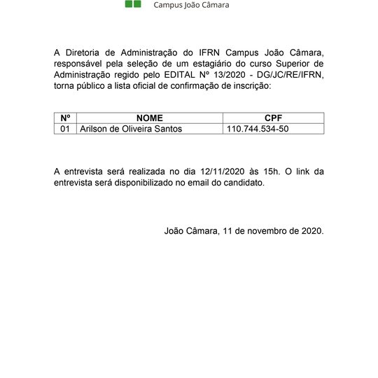 #8278 A Diretoria de Administração do IFRN Campus João Câmara torna público a lista oficial de confirmação de inscrição