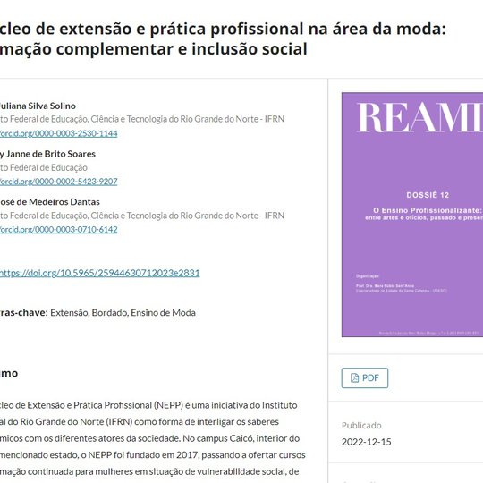 #9381 Professores do curso de Moda e Coordenadores do Núcleo de Extensão e Prática Profissional - Nuance publicam artigo em revista científica de Moda