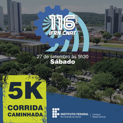 Arte para ilustrar matéria com foto do Campus Natal Central do IFRN no fundo e uma logomarca no meio da imagem, com informações de um evento