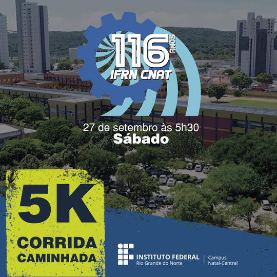 Arte para ilustrar matéria com foto do Campus Natal Central do IFRN no fundo e uma logomarca no meio da imagem, com informações de um evento