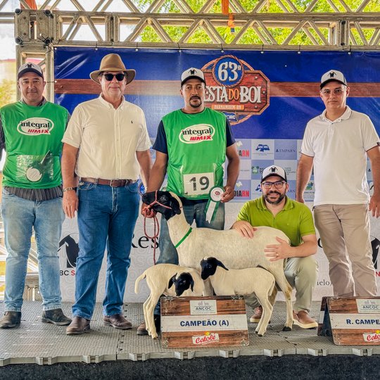 Registro da premiação durante a 63ª edição da Festa do Boi, realizada em Parnamirim/RN. Na foto, os servidores do campus Ipanguaçu posam ao lado dos animais campeões da raça Soinga.
