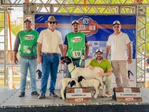 Registro da premiação durante a 63ª edição da Festa do Boi, realizada em Parnamirim/RN. Na foto, os servidores do campus Ipanguaçu posam ao lado dos animais campeões da raça Soinga.