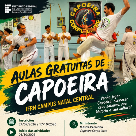 Imagem com pessoas fazendo capoeira, com o nome no centro da arte
