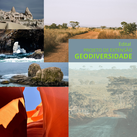 Fotografias de diversos tipos de relevos, com o nome Edital, projeto de extensão, geodiversidade, à direita