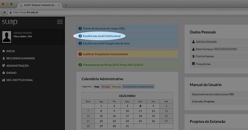 Printscreen da tela do SUAP identificando o link para escolher o email institucional