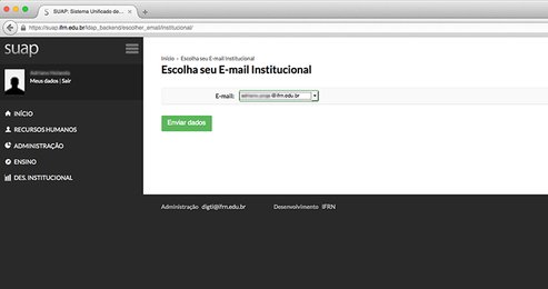 Printscreen do SUAP exibindo a tela de escolha do email institucional