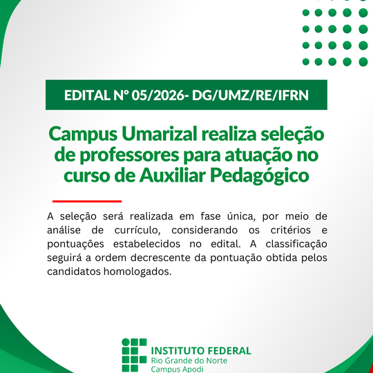 IFRN Campus Umarizal realiza seleção de professores para atuação no curso de Auxiliar Pedagógico