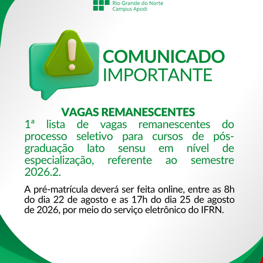 lista de vagas remanescentes do processo seletivo para cursos de pós-graduação lato sensu em nível de especialização