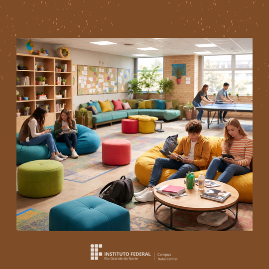 Imagem de uma sala com estante, sofás, pufs e mesas de apoio, com seis adolescentes sentados, vendo computador, celular e jogando tênis de mesa, ao fundo da imagems nos espaços,