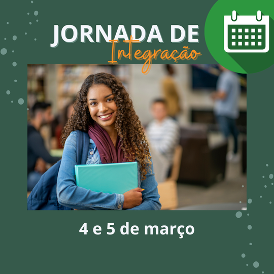 A imagem verde escura, com pontinhos nos cantos superior esquerdo e inferior direito, com o desesnho de um calendário no canto superior direito e uma imagem de uma mulher, em primeiro plano,  no centro, com uma pasta na mão esquerda.