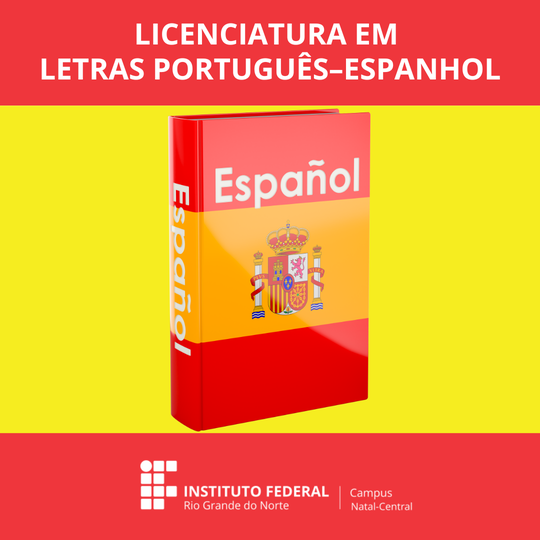 Arte em vermelho, na parte superior e inferior, com o meio amarelo com um livro com a bandeira da Espanha, centralizadae um livro