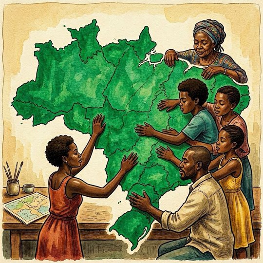 Imagem do mapa do brasil com pessoas pretas tocando no desenho dos estados
