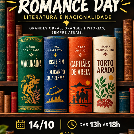 Lombadas de quatro livros, sendo eles: Macunaíma, de Mário de Andrade; Triste Fim de Policarpo Quaresma, de Lima Barreto; Capitães de Areia, de Jorge Amado e Torto Arado de Itamar Vieira Júnior; estes serão os romances apresentados no dia 14/10 às 13h.