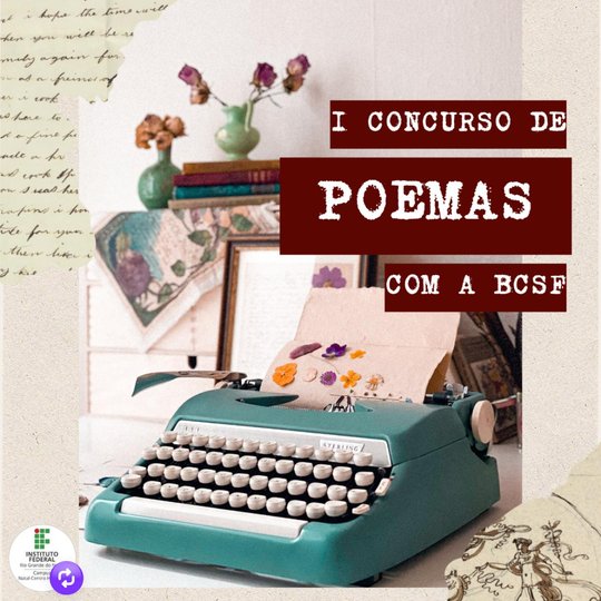 Arte apresenta uma máquina de datilografia com papel inserido com rosas bordadas; jarros com flores, livros e fontes manuscritas distribuidas no canto superior esquerdo da arte