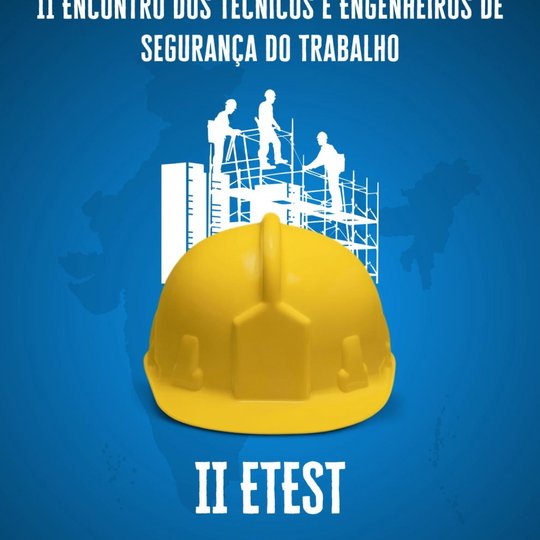 Arte na cor azul com o nome do evento, na parte superior e a data, na parte inferior, com um capacete amarelo, no centro e uma imagem branca com trabalhadores e, cima de um andaime, na construção de um prédio