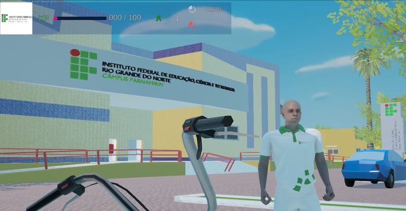 Imagem do jogo em desenvolvimento reproduz a estrutura do Campus Parnamirim, O personagem pode percorrer o espaço e realizar missões.