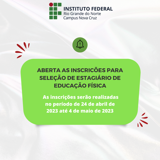 O edital oferece 2 vagas para a seleção de estagiário para atuar na Coordenação de Esportes da Diretoria Acadêmica (DIAC)