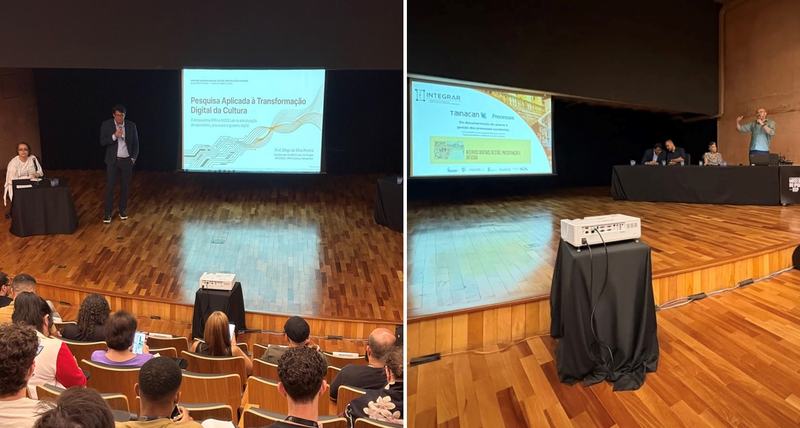 Professores Diego Pereira (esquerda) e João Maria do Nascimento em apresentações durante o Simpósio Acervos Digitais: Gestão, Preservação e Difusão